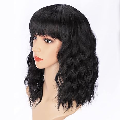 AISI HAIR Bob Curly Wig Synthetic Short Black Wig with Bangs Natural Looking Heat Resistant Fiber Hair for Women