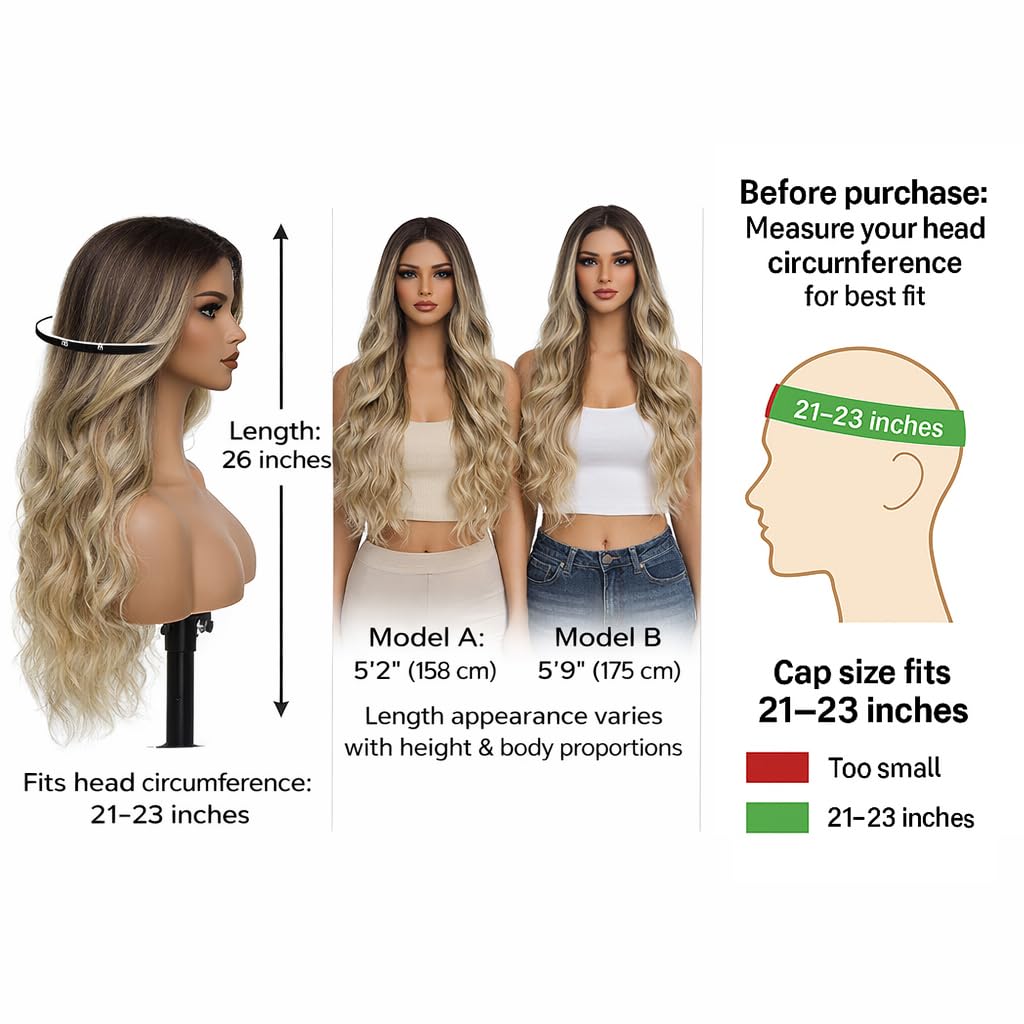 Long Ombre Blonde Wigs for Women 26 inch Long Wavy Middle Part Wig Ombre Blonde Wigs Upgraded Protein Fiber Hair Replacement Wig Cosplay Costume Halloween Wig(26'' Brown Ombre Blonde)