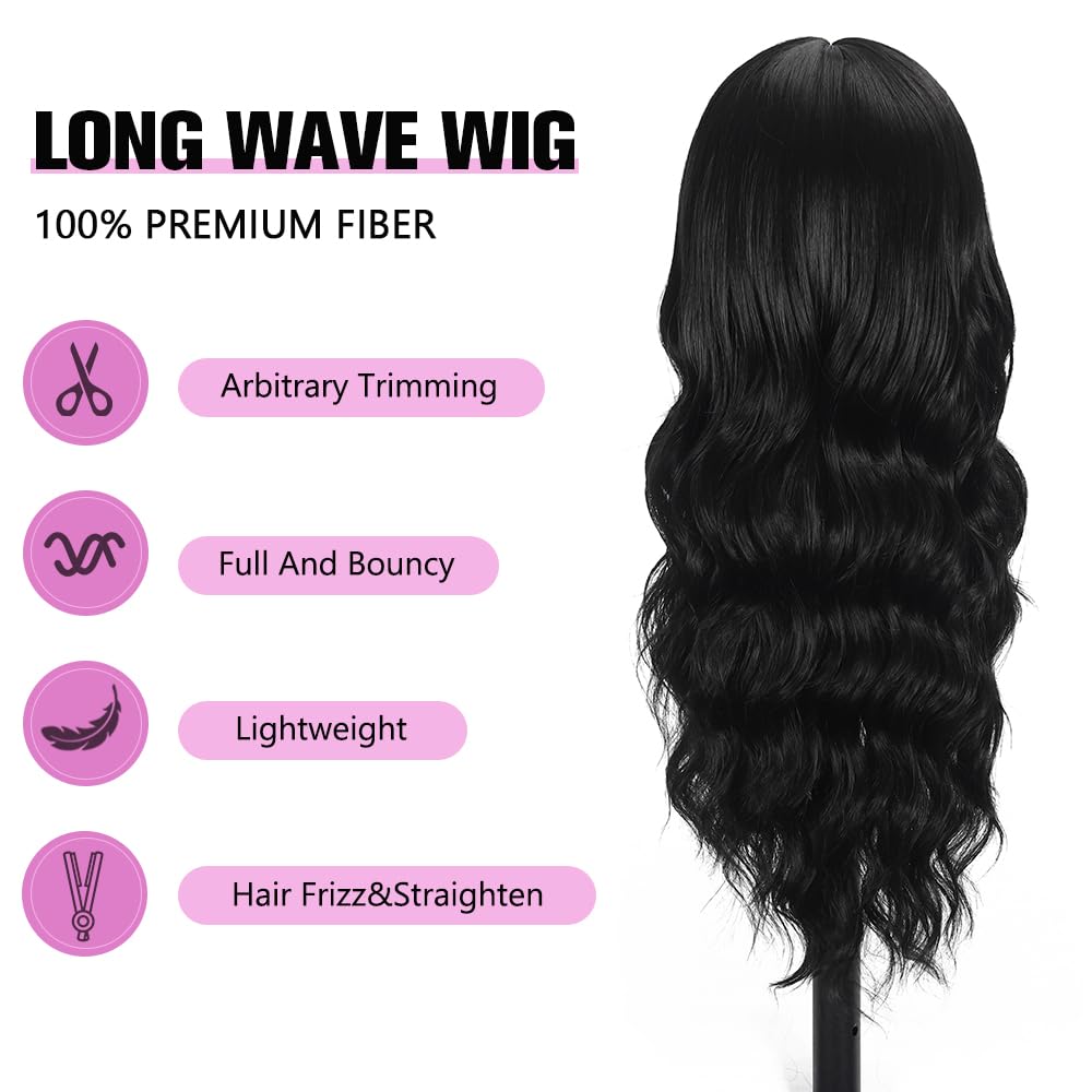 Black Wig with Bangs Curly wavy Wig for Women Long Natural Black wavy wigs skin-friendly synthetic fibersc for festival holiday Use 26IN