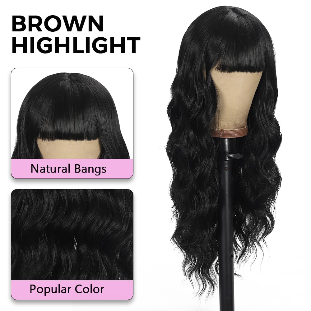 Black Wig with Bangs Curly wavy Wig for Women Long Natural Black wavy wigs skin-friendly synthetic fibersc for festival holiday Use 26IN