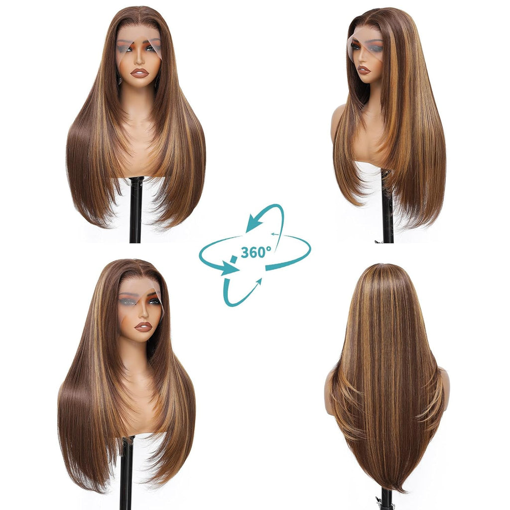 Honey Blonde 13x4 HD Lace Front Wig 26inch Layered Synthetic Lace Pre Plucked Straight Glueless Wigs for Black Women with Sunkissed Highlights