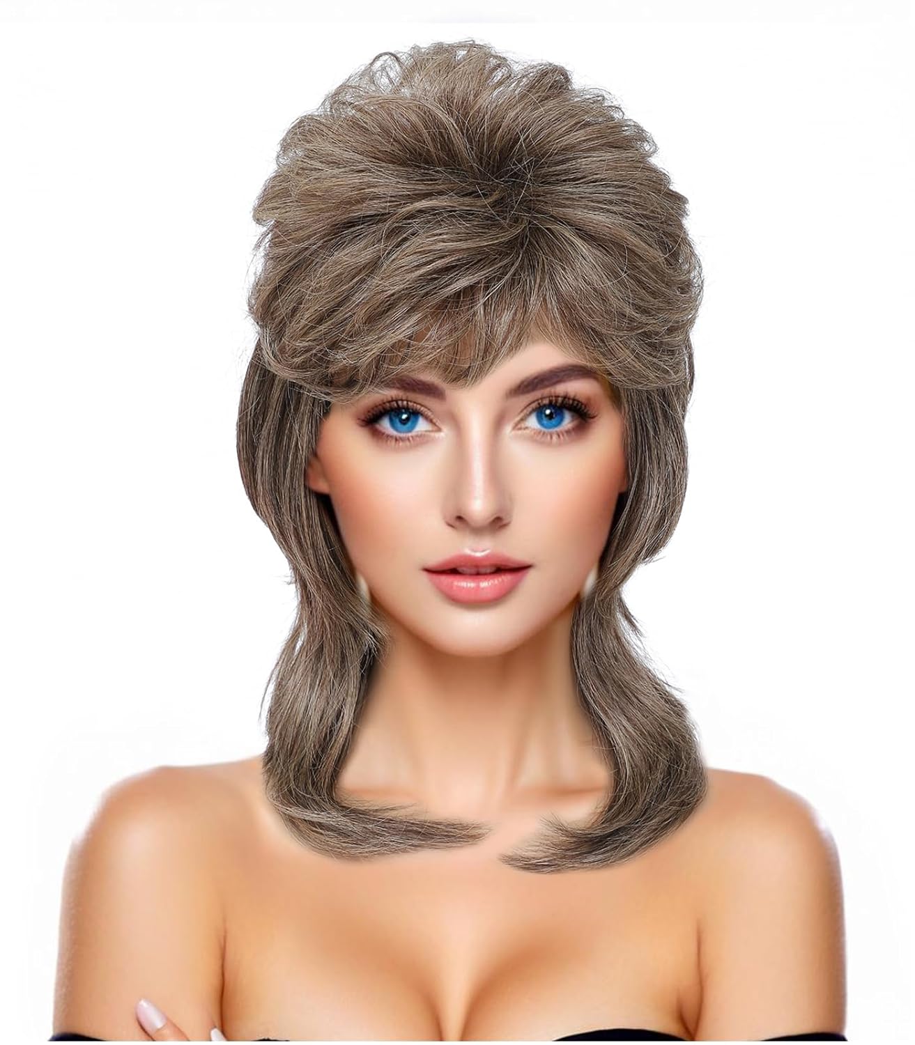 Adequate 80s Mullet Wig for Women Fluffy and Layered Hairpiece for Perfect for Costume Parties and Cosplay (Light Brown)