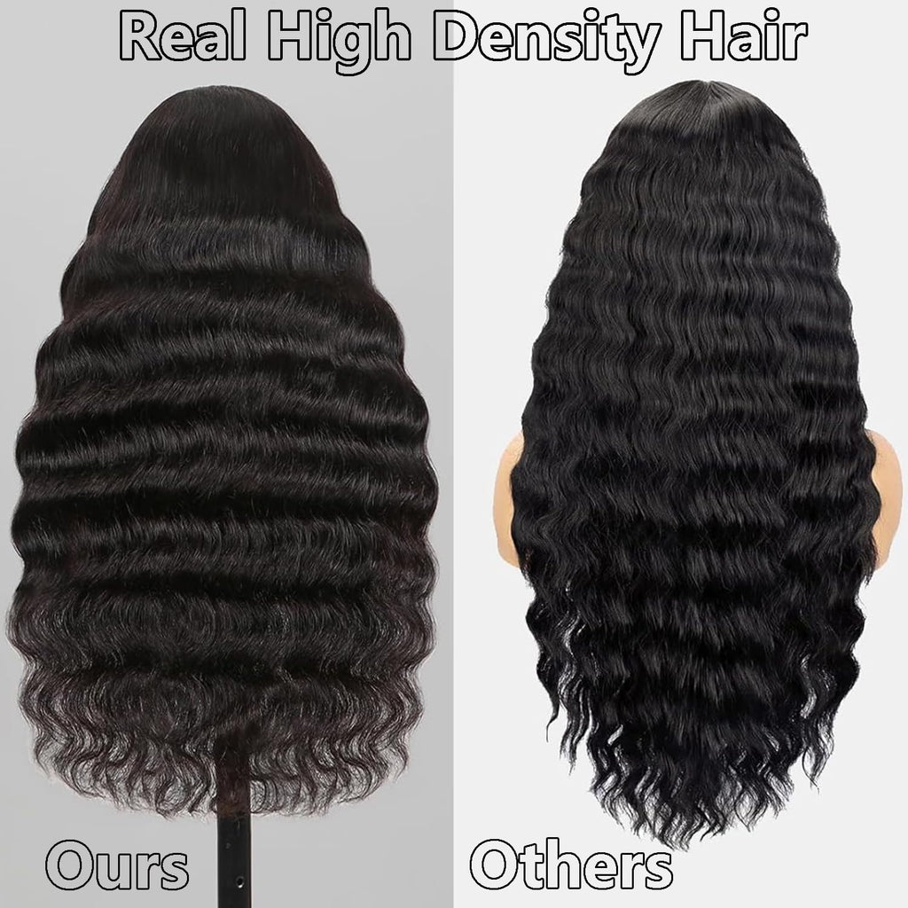 13X6 HD Lace Front Wig,30Inch Glueless Loose Deep Wave Wig Natural Black.Synthetic Lace Front Wigs Pre-Plucked,Vogue Highlight Technology-Premium Fiber &Heat Resistant Human Hair Touch