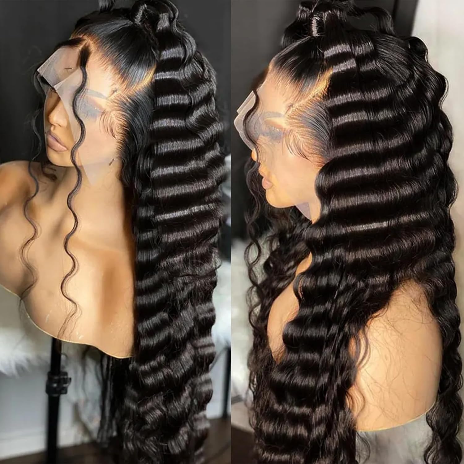13X6 HD Lace Front Wig,30Inch Glueless Loose Deep Wave Wig Natural Black.Synthetic Lace Front Wigs Pre-Plucked,Vogue Highlight Technology-Premium Fiber &Heat Resistant Human Hair Touch