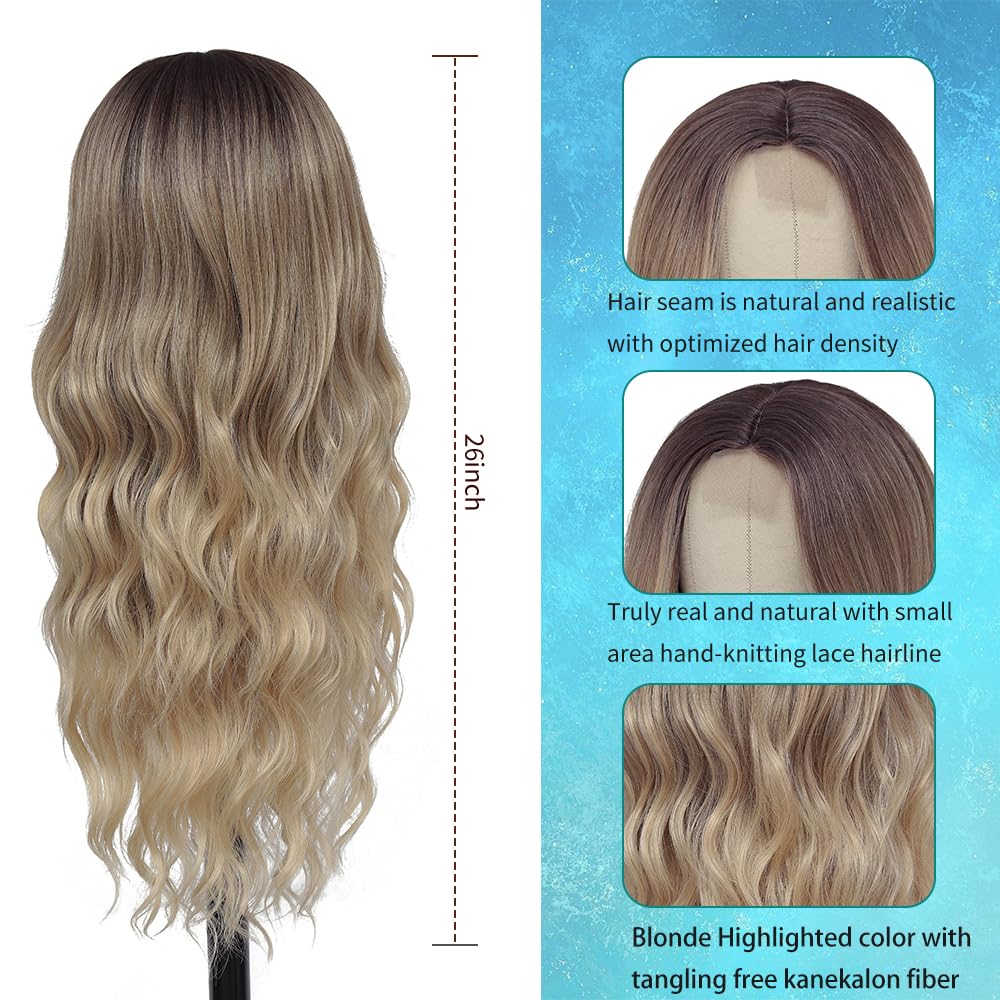 Long Ombre Blonde Wigs for Women 26 inch Long Wavy Middle Part Wig Ombre Blonde Wigs Upgraded Protein Fiber Hair Replacement Wig Cosplay Costume Halloween Wig(26'' Brown Ombre Blonde)