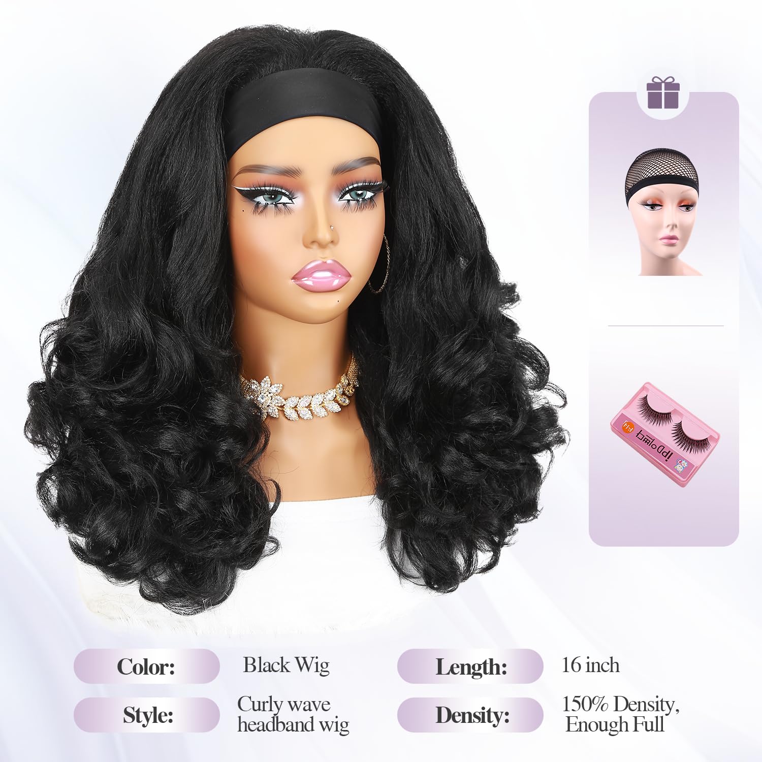 Quantum Love Yaki Curly Headband Wigs for Black Women - Kinky Straight Black Headband Curly Ends Synthetic Wear and Go Glueless Half Wig with Headbands Attached