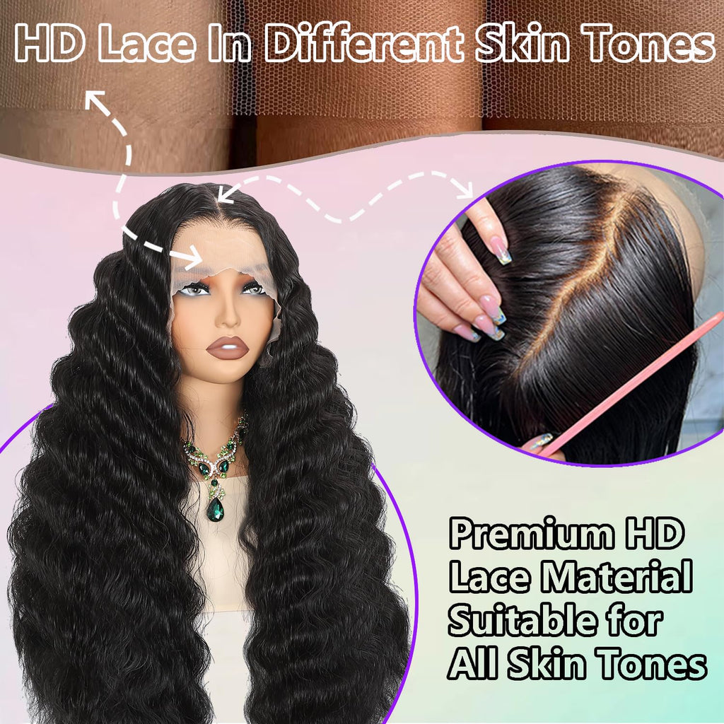 13X6 HD Lace Front Wig,30Inch Glueless Loose Deep Wave Wig Natural Black.Synthetic Lace Front Wigs Pre-Plucked,Vogue Highlight Technology-Premium Fiber &Heat Resistant Human Hair Touch