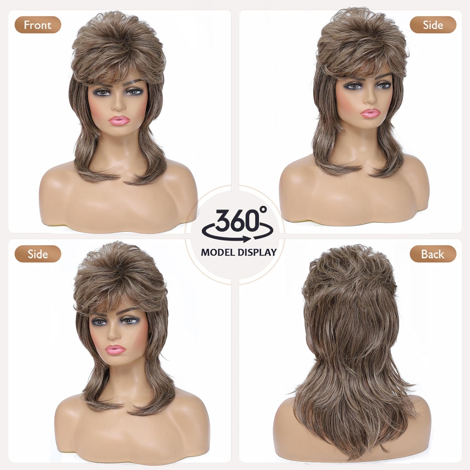 Adequate 80s Mullet Wig for Women Fluffy and Layered Hairpiece for Perfect for Costume Parties and Cosplay (Light Brown)