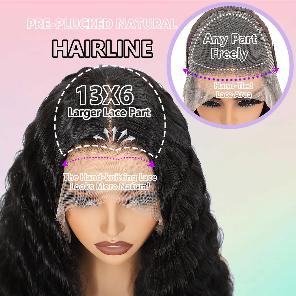 13X6 HD Lace Front Wig,30Inch Glueless Loose Deep Wave Wig Natural Black.Synthetic Lace Front Wigs Pre-Plucked,Vogue Highlight Technology-Premium Fiber &Heat Resistant Human Hair Touch