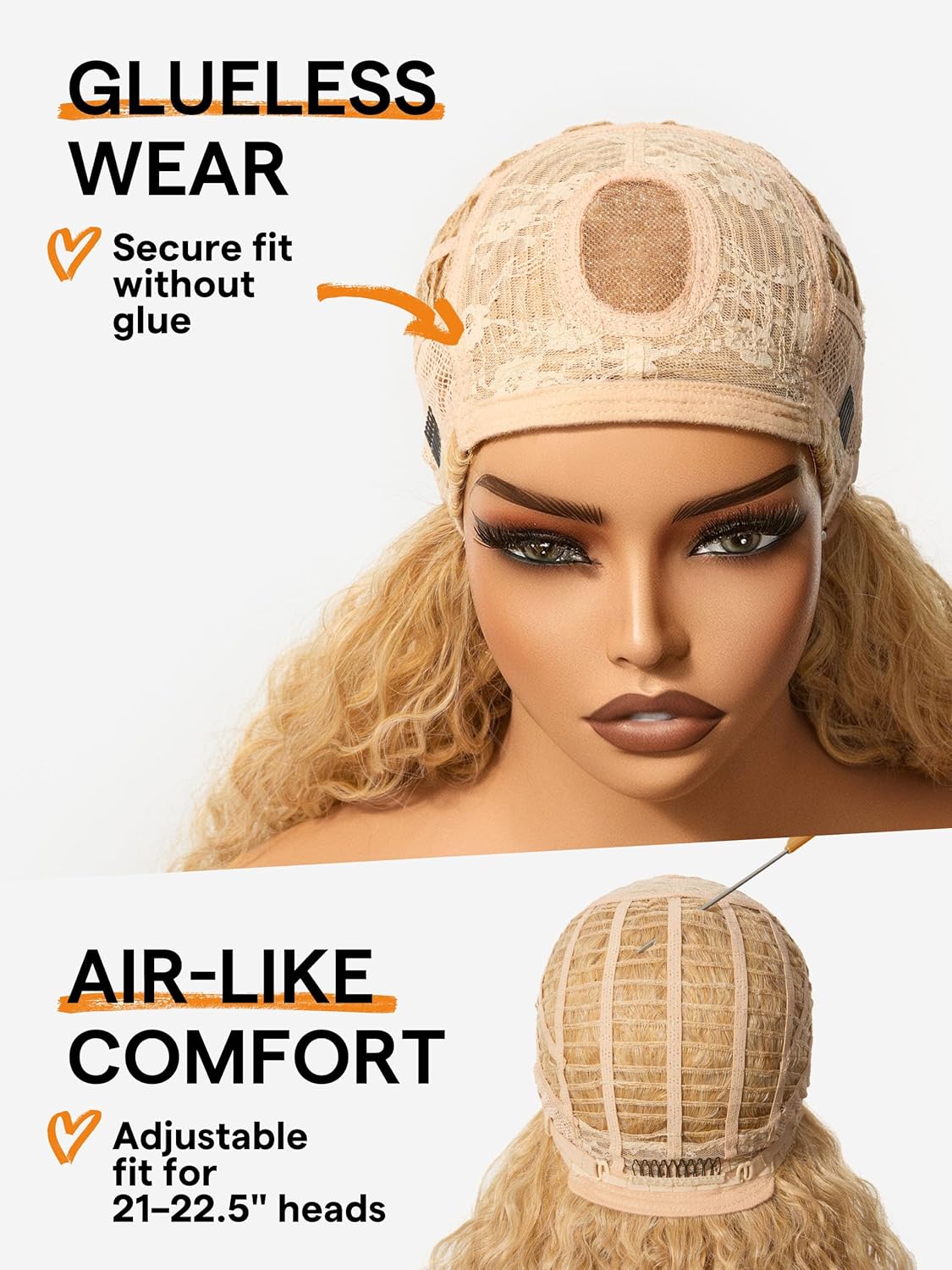 GORGIUS Veralux Blend Human Hair Shaggy Haircuts Golden Blonde Wig with Bangs Curly Wigs with Bangs Crafted with Style-Archive Premium Fiber Realistic Look with True Scalp