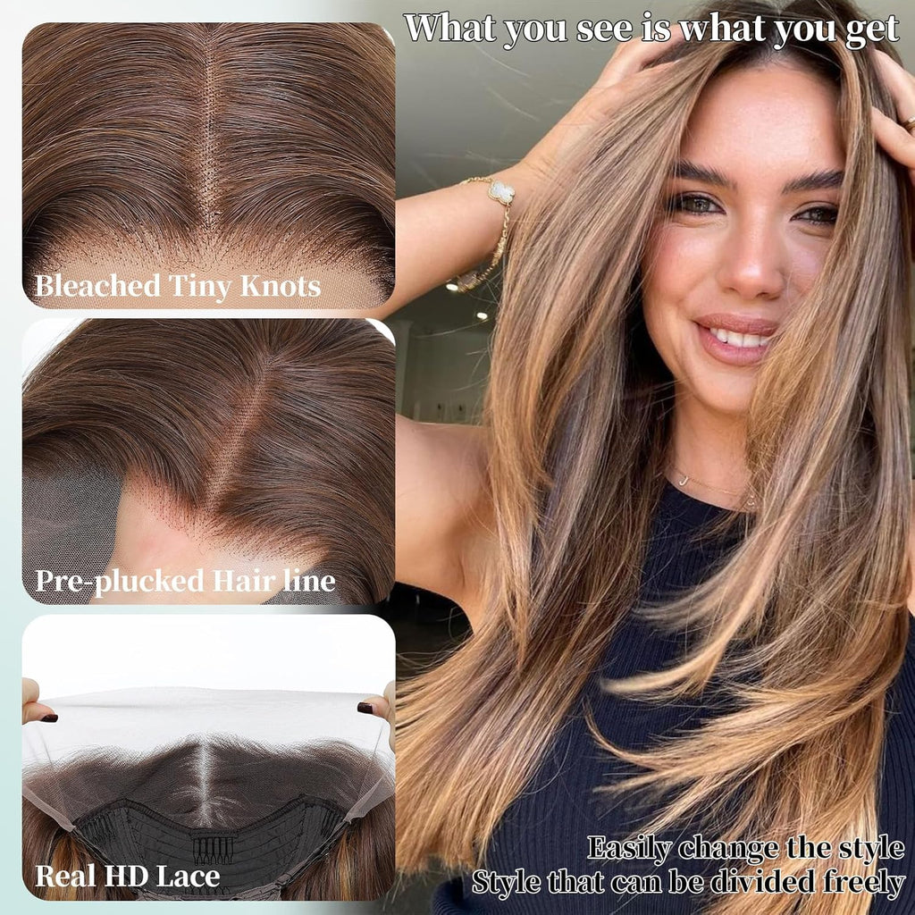 Honey Blonde 13x4 HD Lace Front Wig 26inch Layered Synthetic Lace Pre Plucked Straight Glueless Wigs for Black Women with Sunkissed Highlights