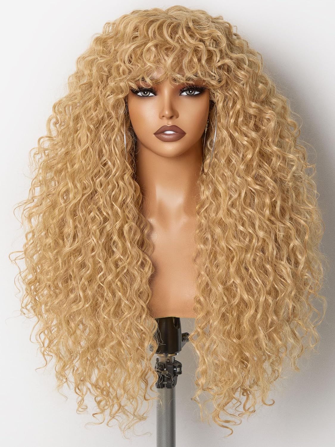 GORGIUS Veralux Blend Human Hair Shaggy Haircuts Golden Blonde Wig with Bangs Curly Wigs with Bangs Crafted with Style-Archive Premium Fiber Realistic Look with True Scalp