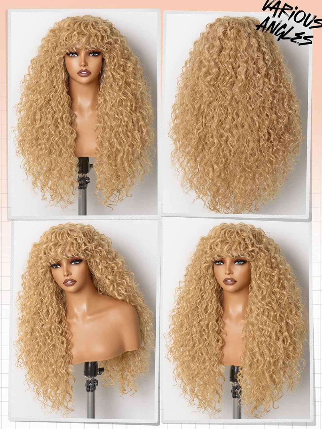 GORGIUS Veralux Blend Human Hair Shaggy Haircuts Golden Blonde Wig with Bangs Curly Wigs with Bangs Crafted with Style-Archive Premium Fiber Realistic Look with True Scalp